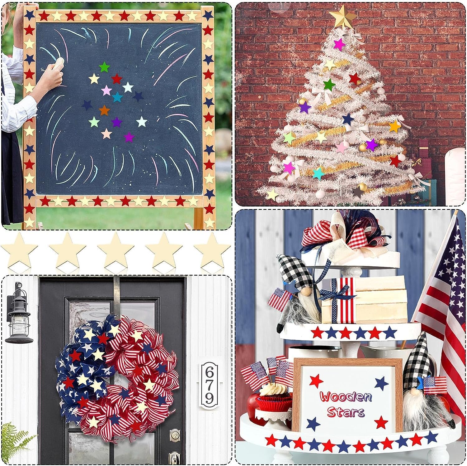 Collage of patriotic decor items including a chalkboard, Christmas tree, wreath, and sign with stars and stripes.