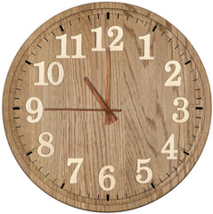 Wooden clock with white numbers on a white background