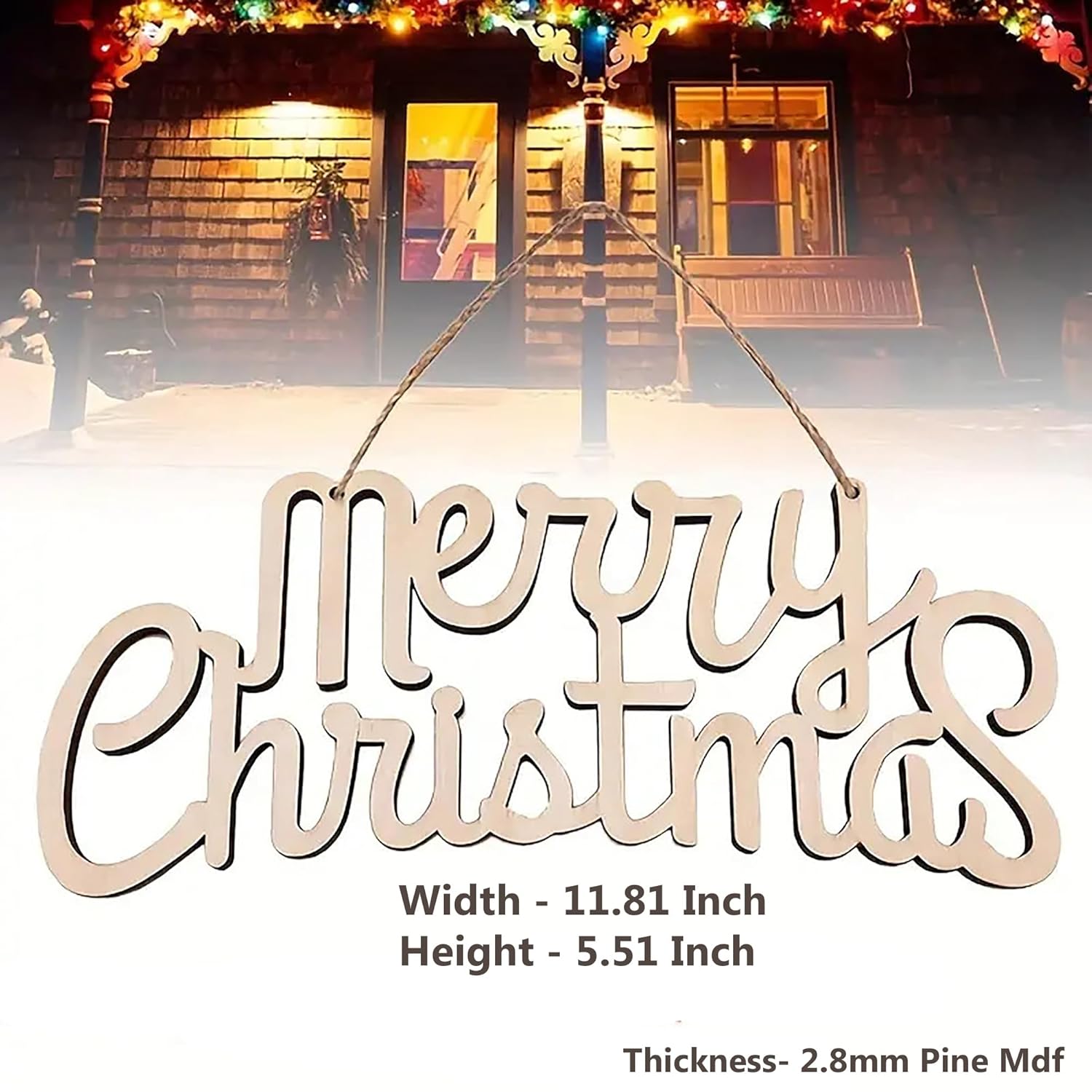 Decorative 'Merry Christmas' sign with a cabin in the background, illuminated by Christmas lights.