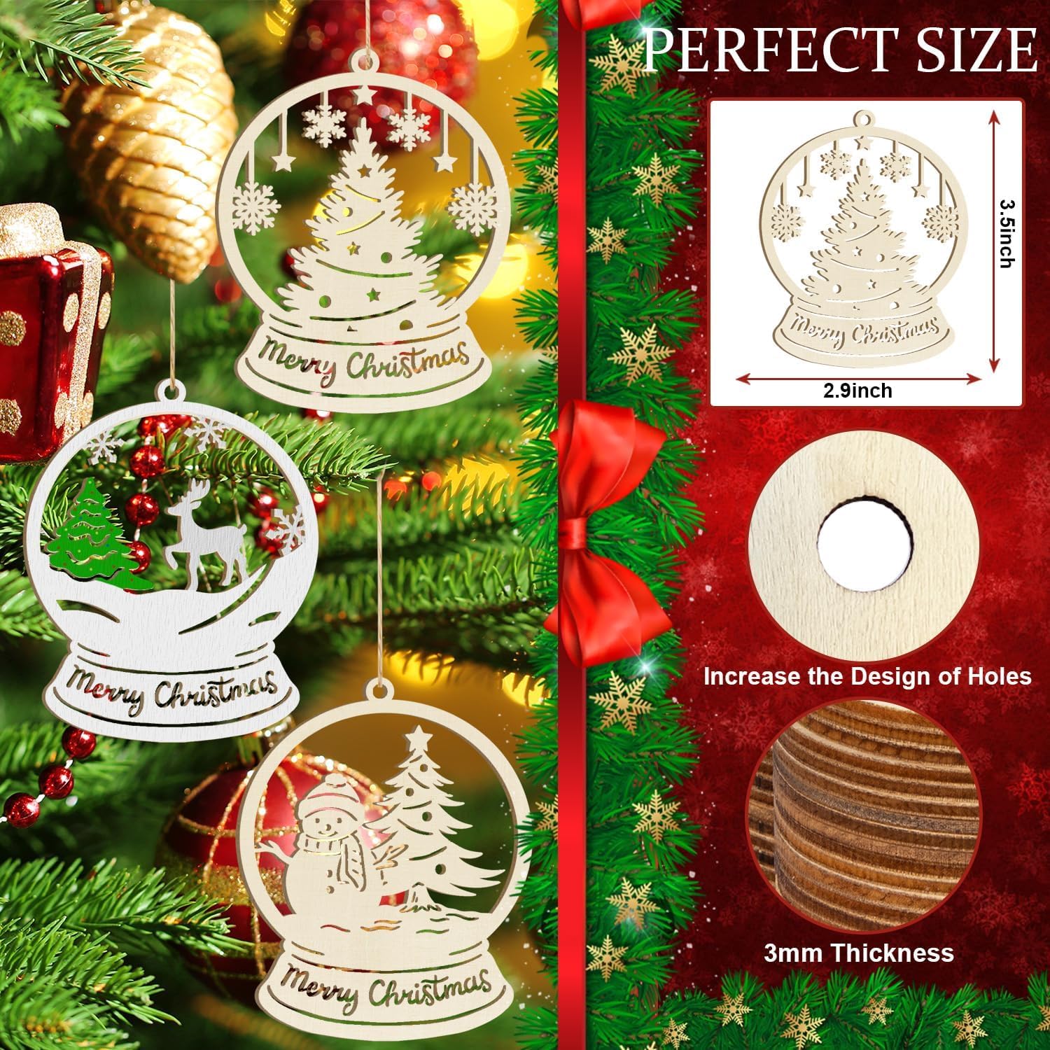 Christmas-themed wooden ornaments with measurements and design details on a festive background.