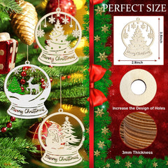 Christmas-themed wooden ornaments with measurements and design details on a festive background.