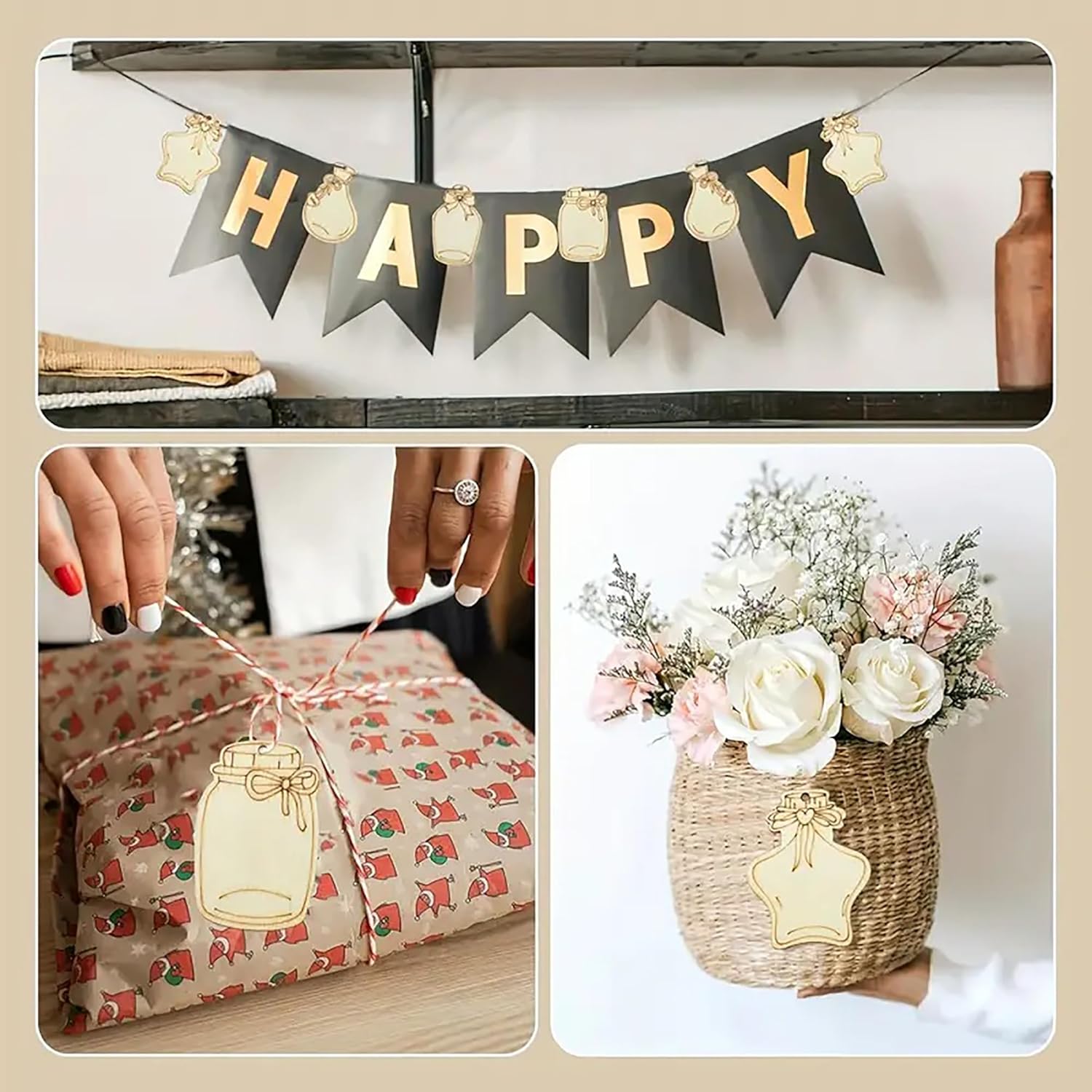 Decorative banner with 'Happy' and a vase with flowers on a neutral background