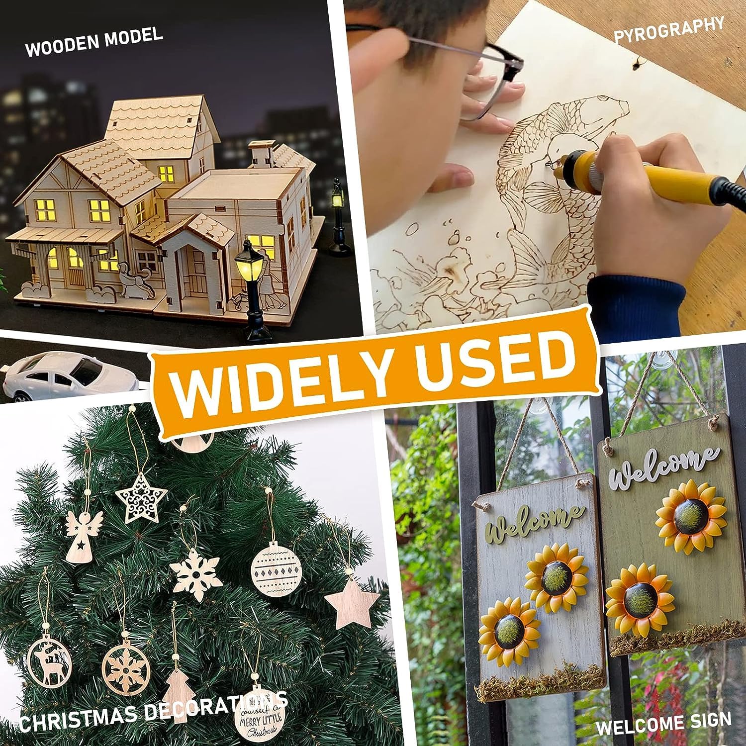 Collage of wooden model house, pyrography art, Christmas tree decorations, and welcome sign with 'Widely Used' text.
