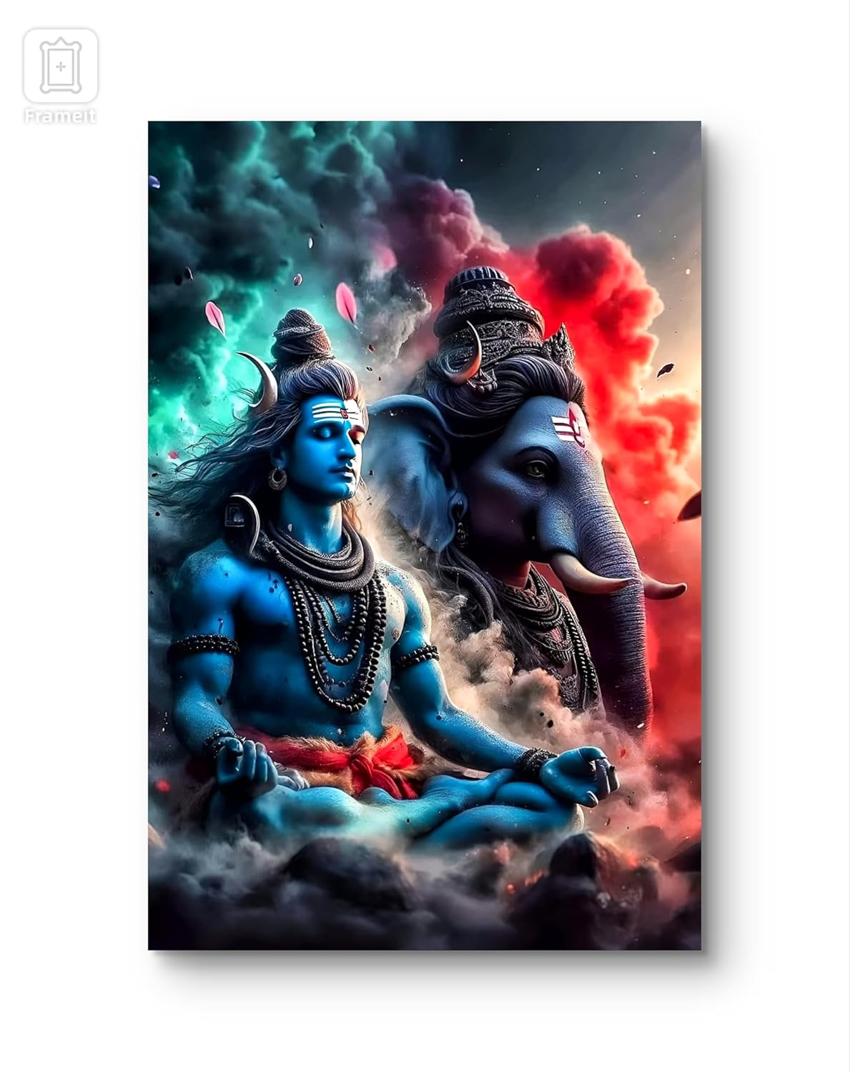 Colorful depiction of a deity and an elephant against a vibrant cosmic background