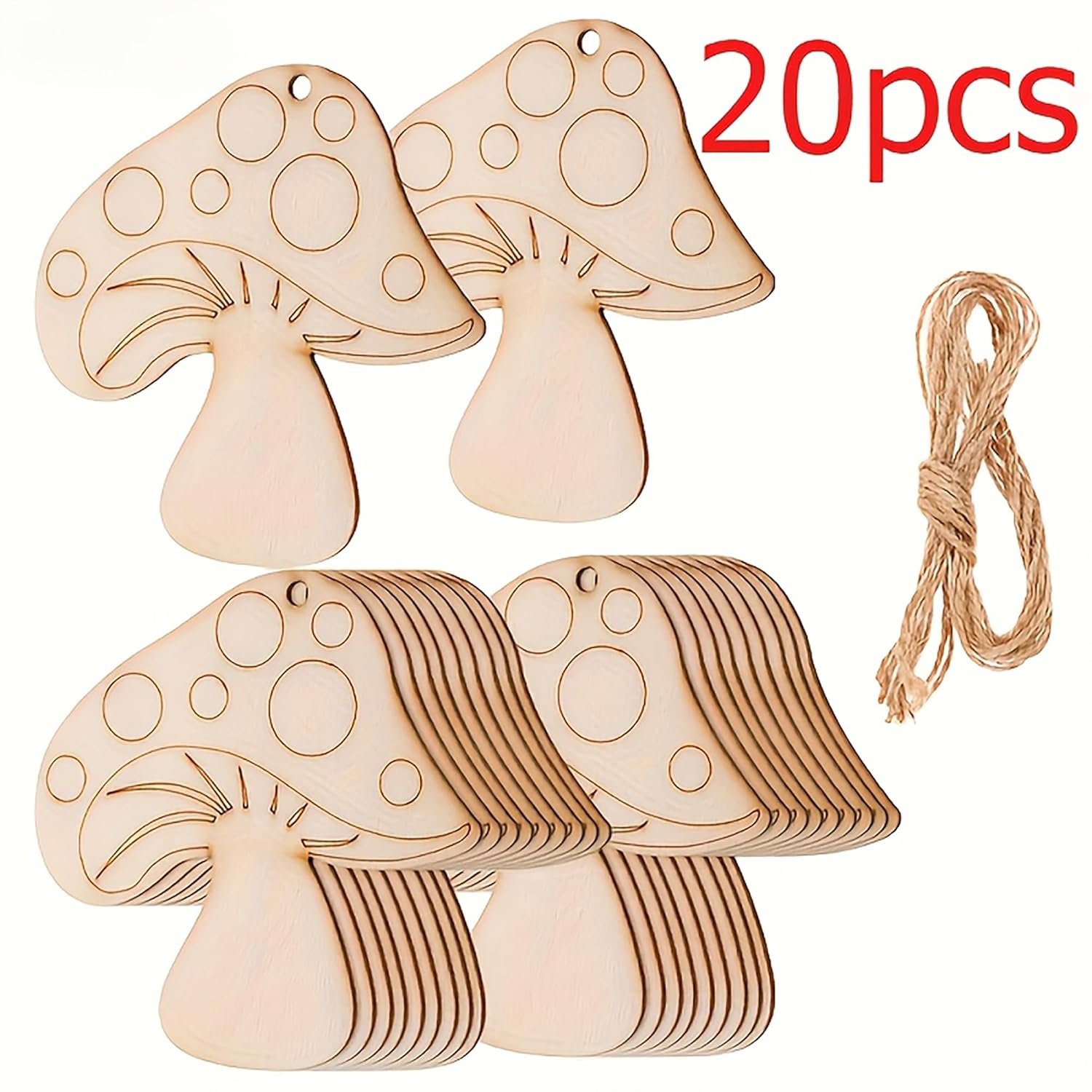 Set of wooden mushroom-shaped decorations with a string, labeled '20pcs'.