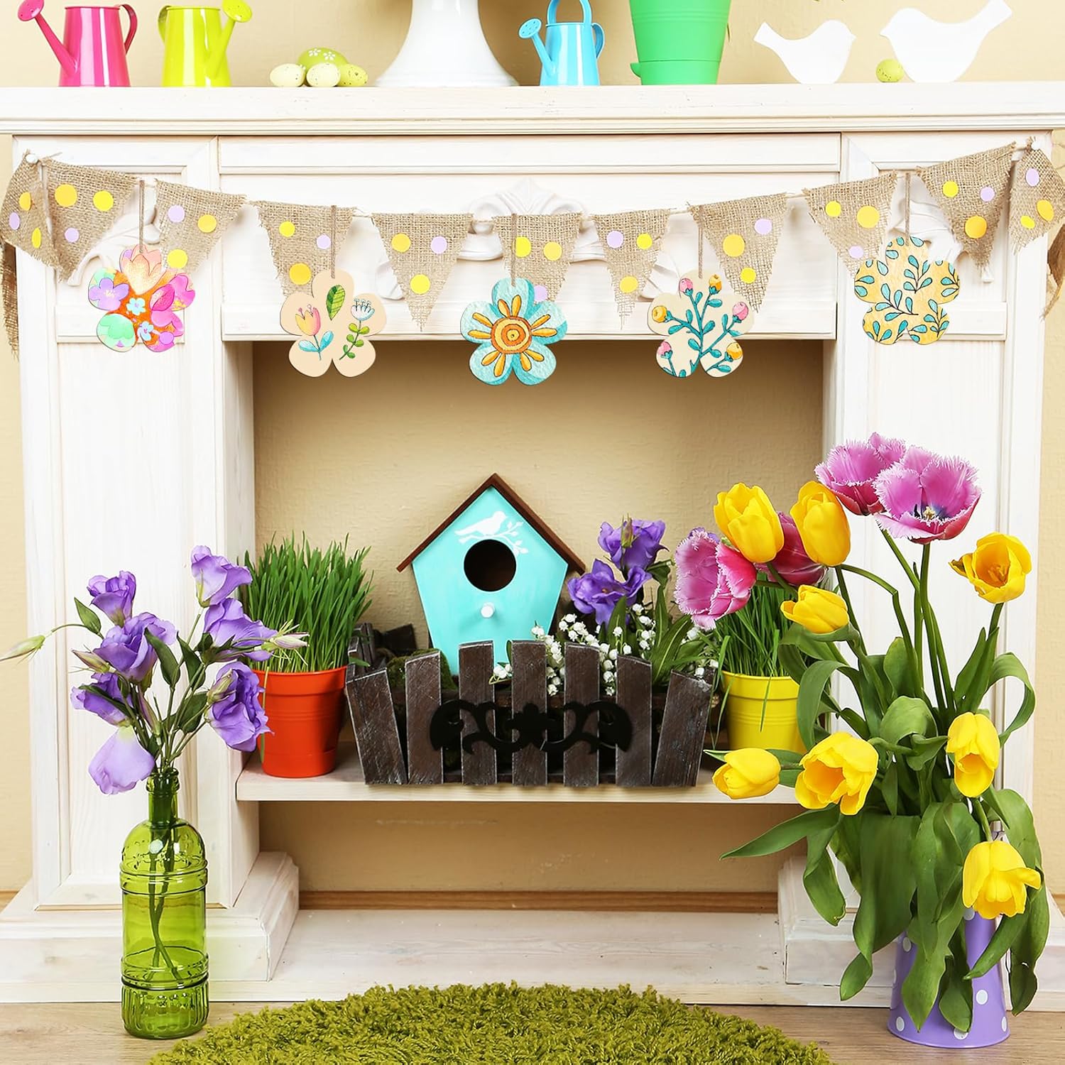 Decorative shelf with flowers, birdhouse, and bunting in a home setting