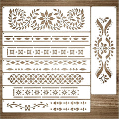 Set of decorative stencils with various patterns on a wooden surface