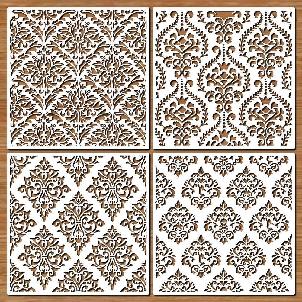 Four decorative panels with intricate patterns on a wooden background