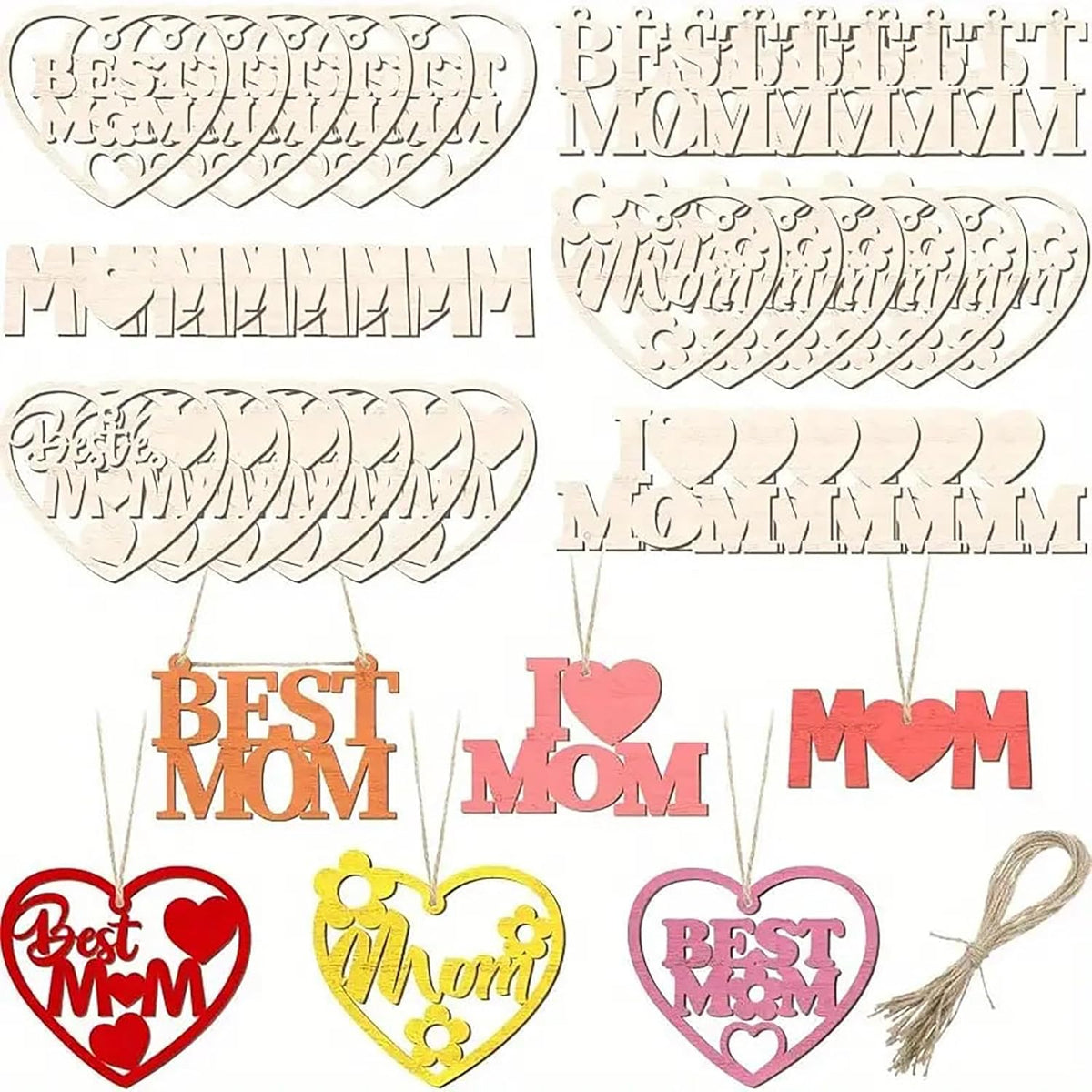 Set of heart-shaped 'Best Mom' and 'I Love Mom' decorations in various colors on a white background.