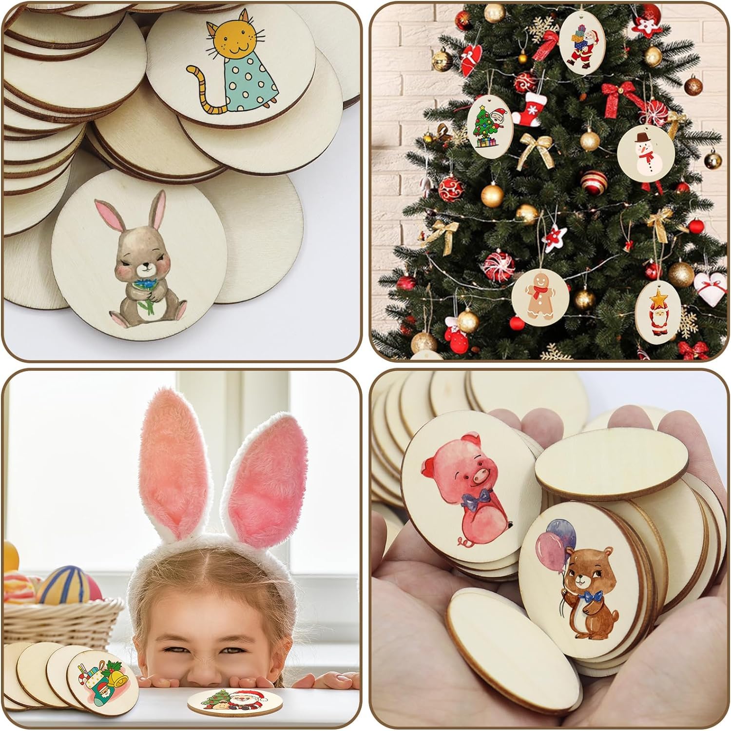 Wooden discs with animal illustrations, a decorated Christmas tree, a child wearing bunny ears, and more discs.
