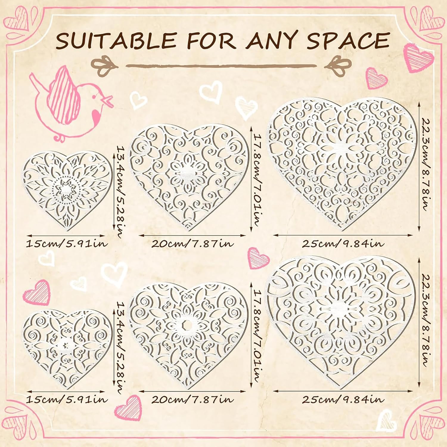 Heart-shaped stencils with measurements on a decorative background