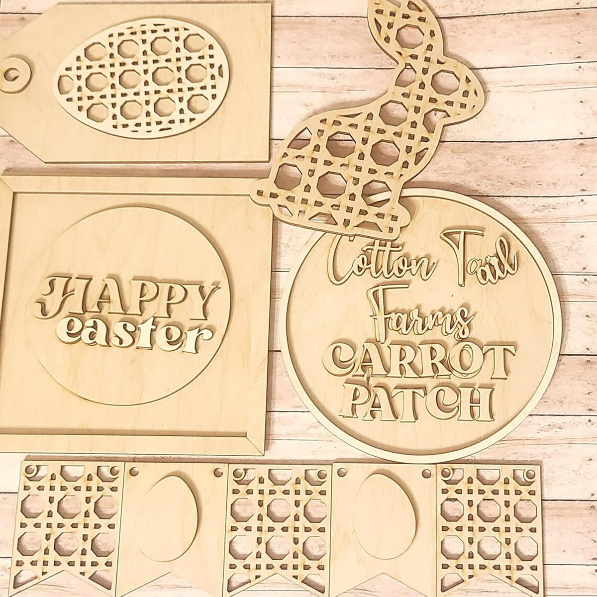 Wooden Easter-themed cutouts with 'Happy Easter' and 'Cotton Tail Farms Carrot Patch' text on a wooden background.