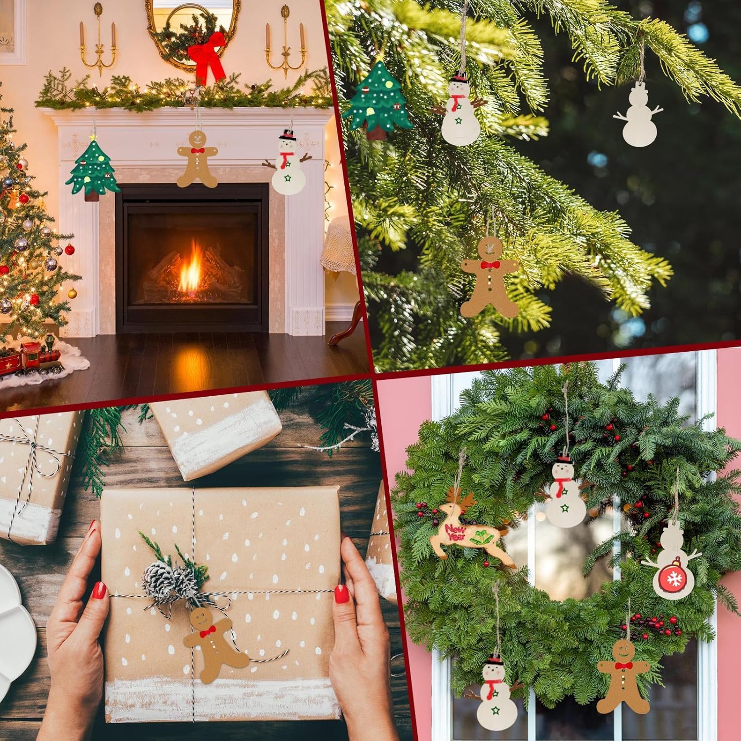 Collage of Christmas-themed images including a fireplace, tree decorations, and gift wrapping.