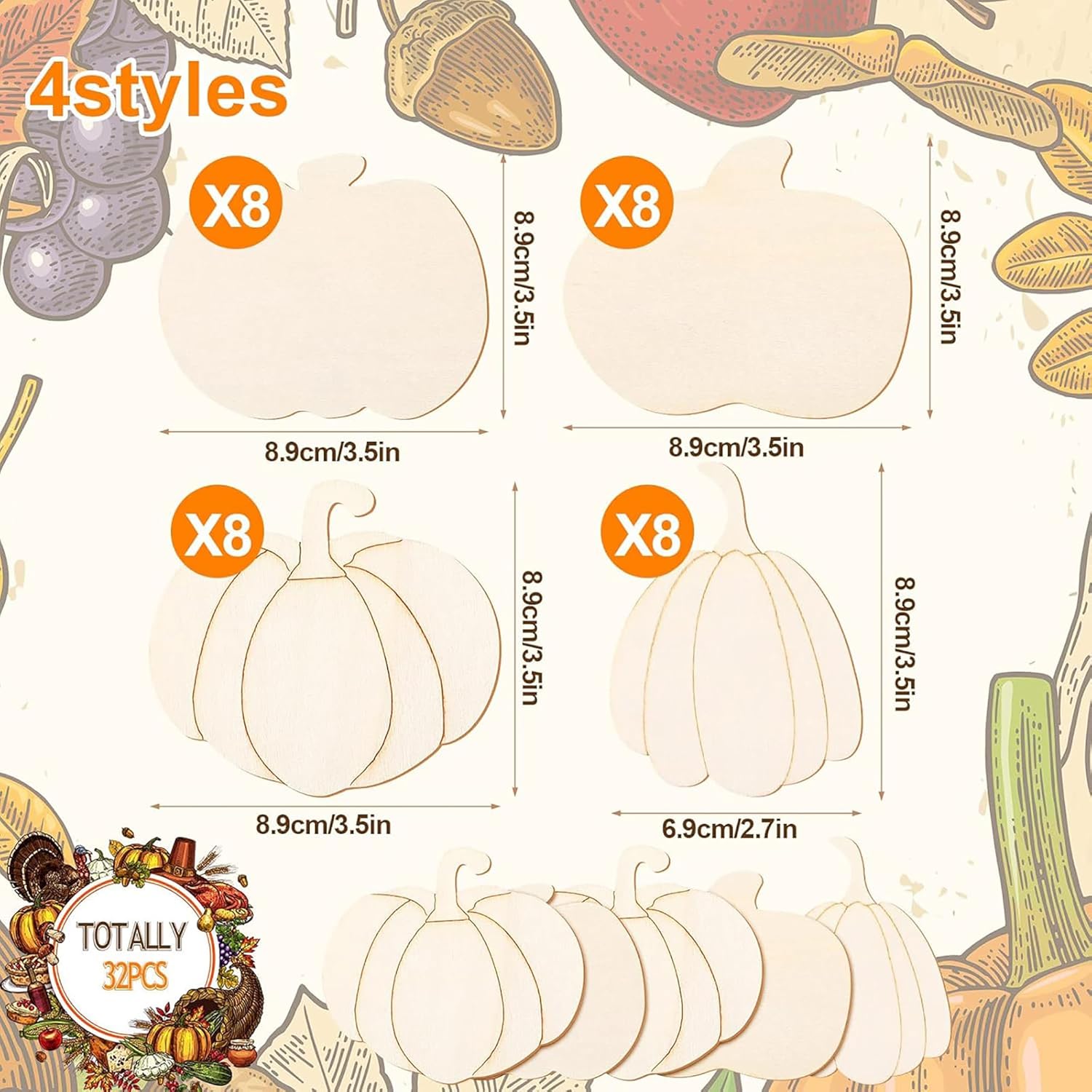 Illustrations of pumpkins and gourds with dimensions and quantity labels on a white background.
