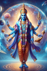 Blue-featured deity with multiple arms holding a trident and lotus, set against a cosmic background.
