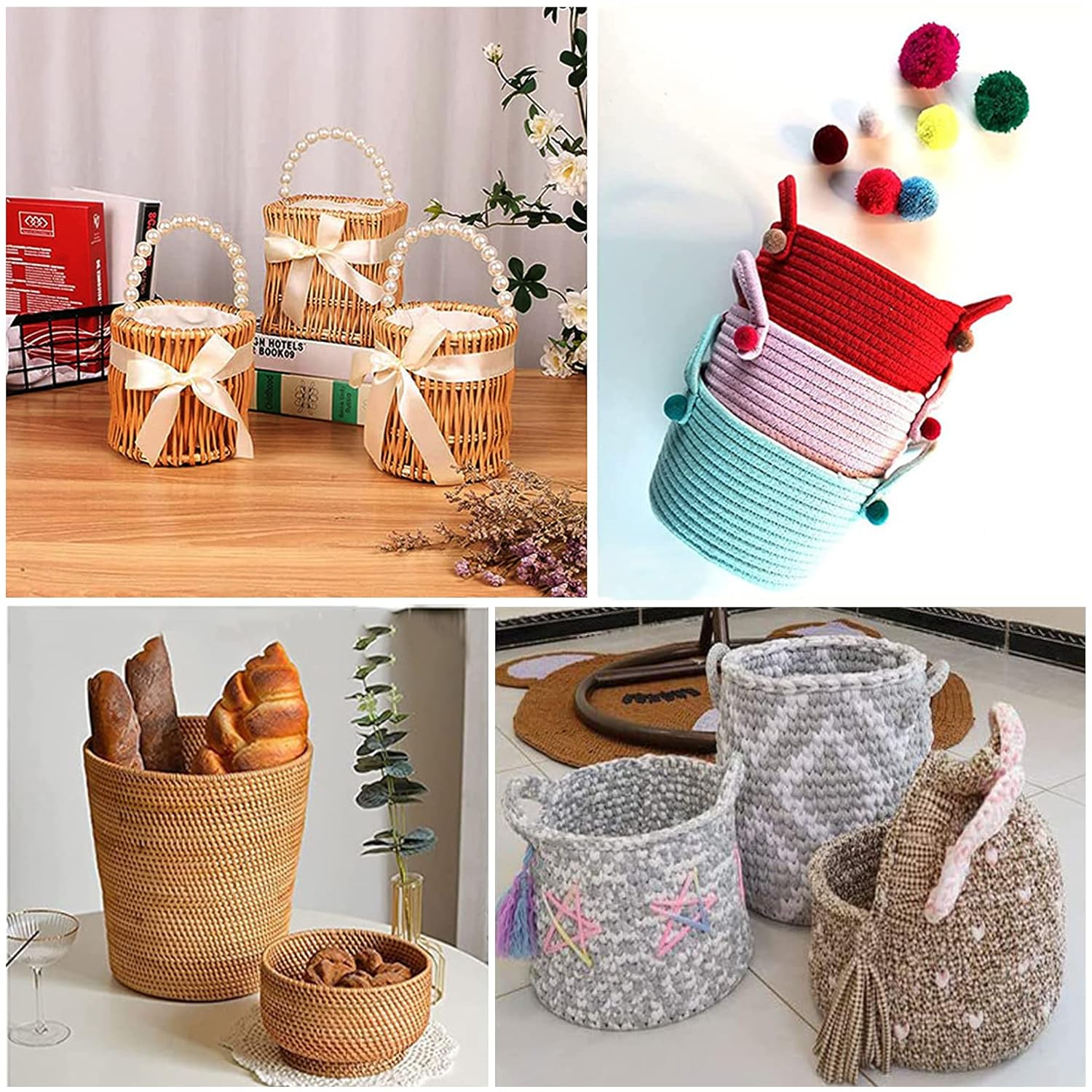 Collage of various woven baskets in different styles and settings.