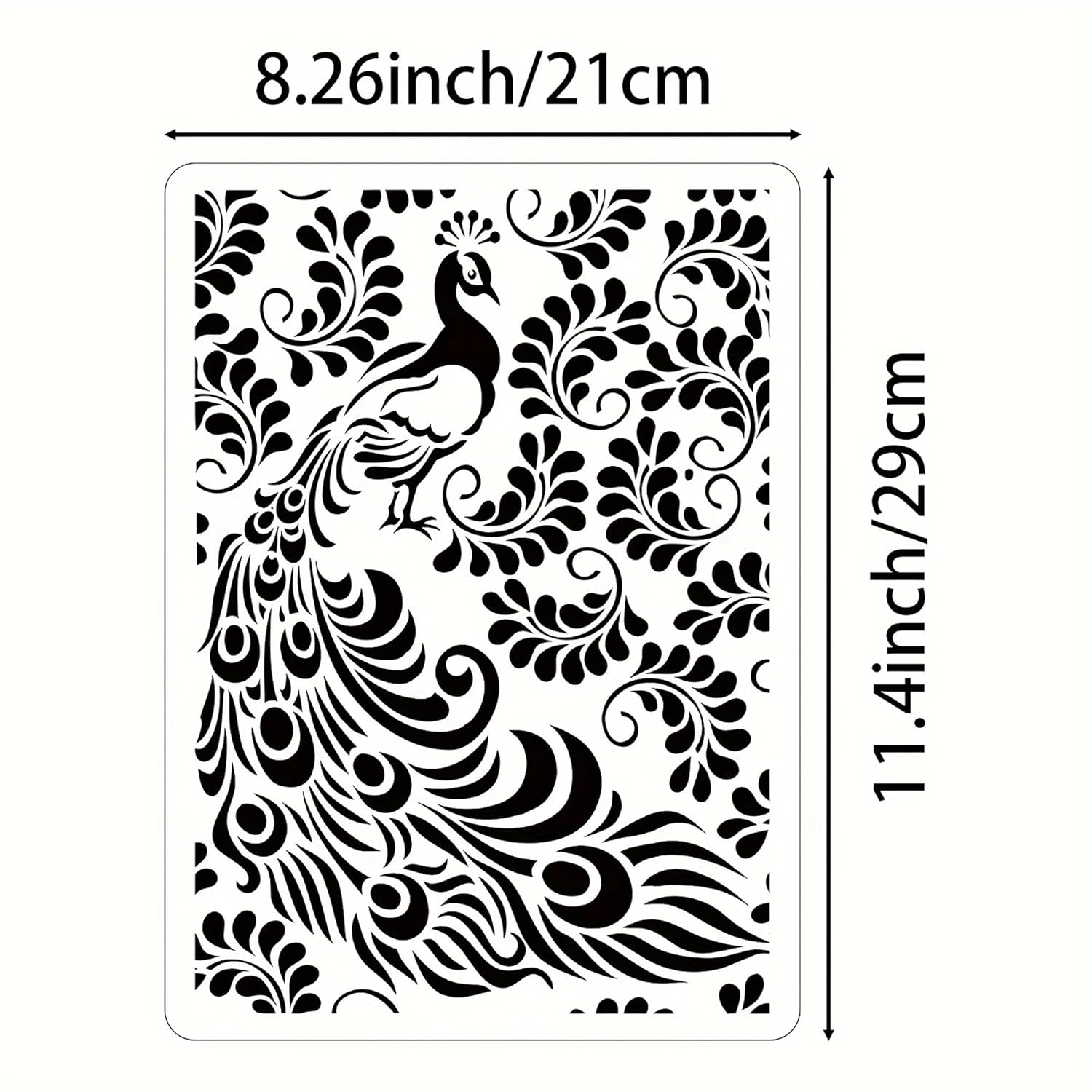 Decorative stencil with peacock design and measurements on a white background