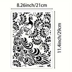 Decorative stencil with peacock design and measurements on a white background