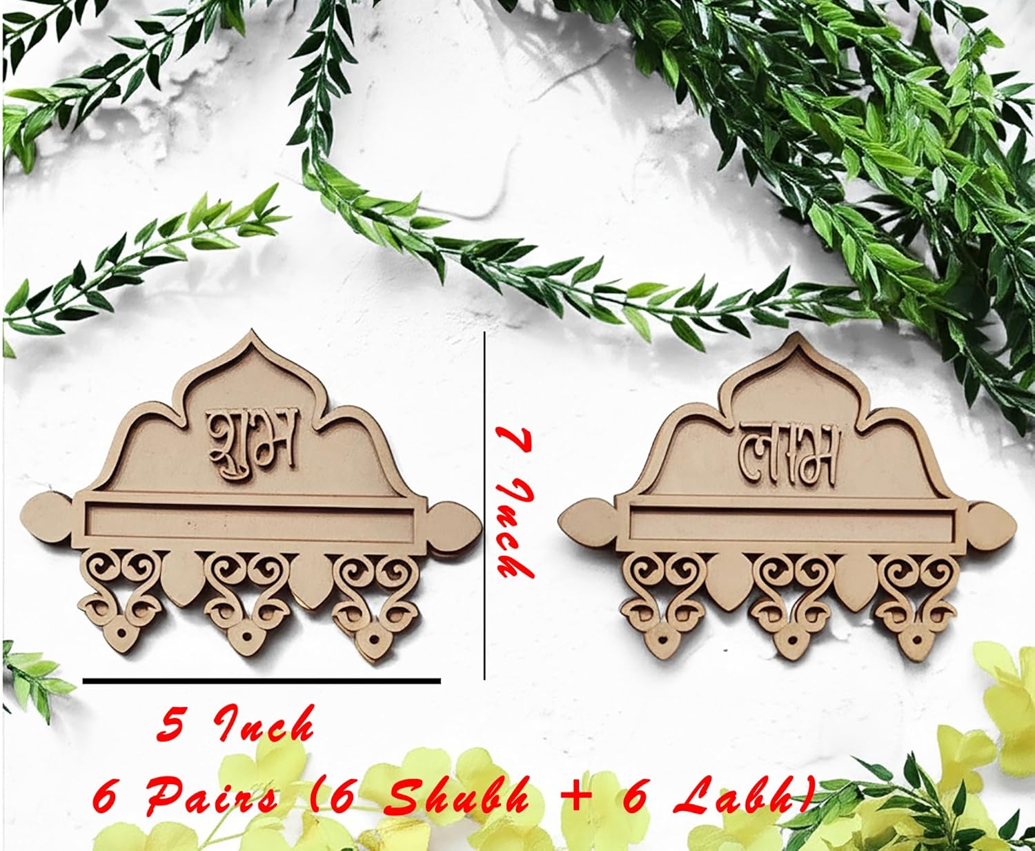 Wooden earrings with intricate designs on a white background with green leaves and yellow flowers.