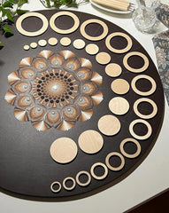 Decorative round mat with geometric patterns on a table