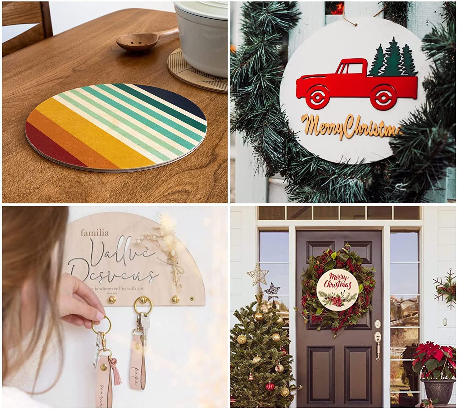 Collage of Christmas-themed products including a colorful striped mat, a wreath with a truck design, a keychain holder, and a decorated door.