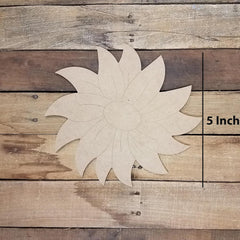Wooden sunflower shape on a wooden background with '5 Inch' text.