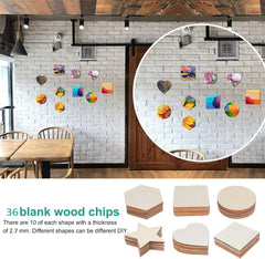 Colorful geometric wall art on a white brick wall with wooden furniture below.