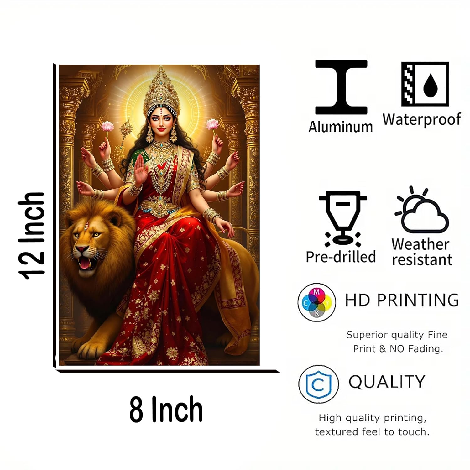 Decorative panel with a deity and lion design, featuring product details on a white background.