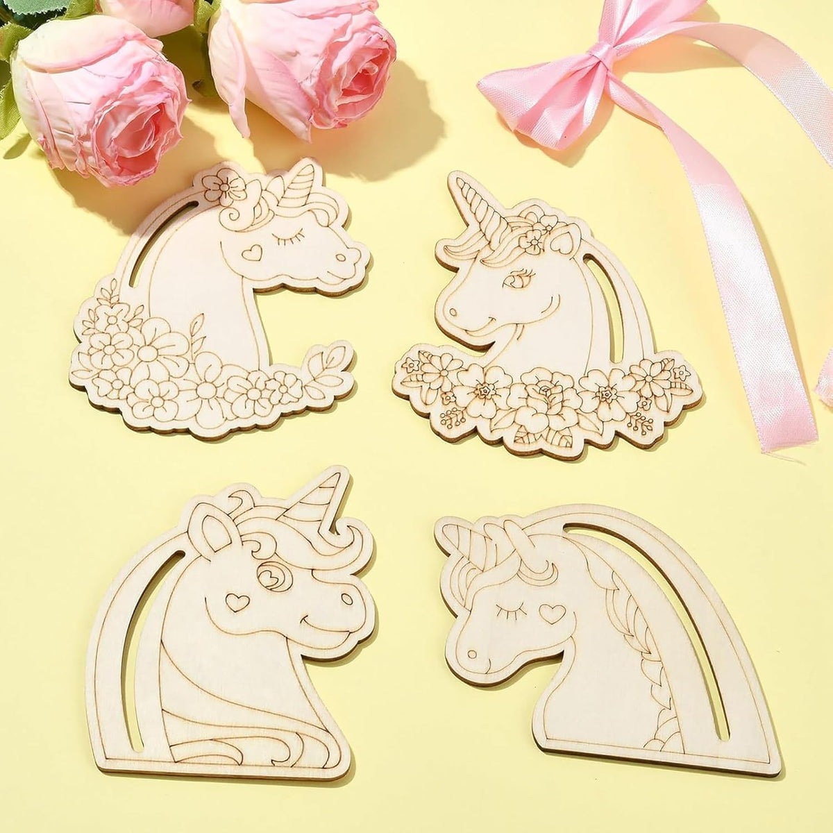 Cliths Pack of 20 Wooden Unicorn Head Cutouts Magical Craft Shapes DIY Graffiti Flower & Heart Decor Painting Blanks