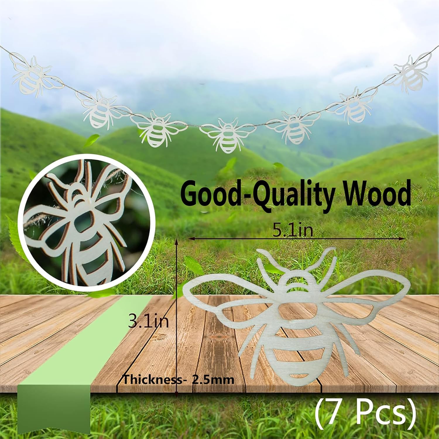 Decorative bee-shaped wooden cutouts with measurements and text on a natural background