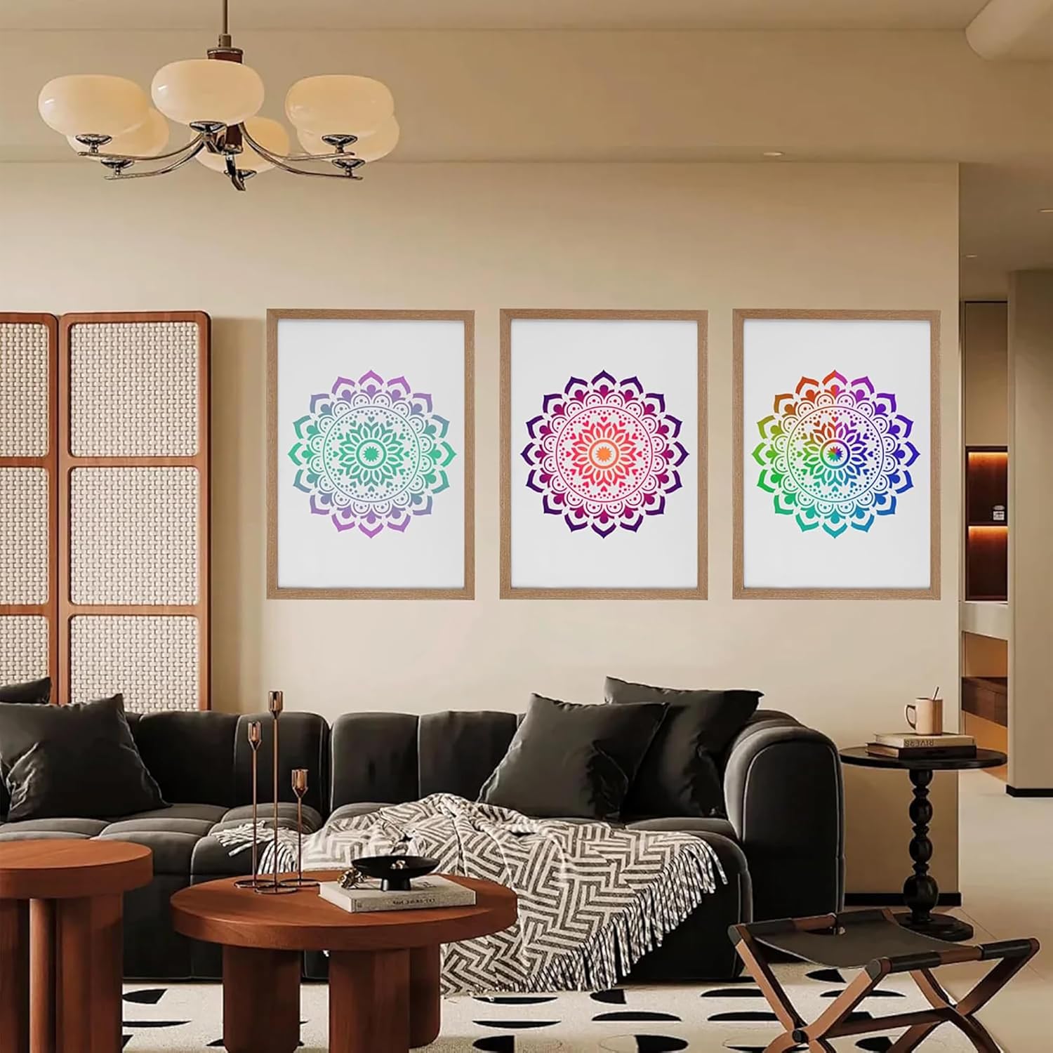Living room with a gray sofa, wooden coffee table, and wall art featuring colorful mandalas.