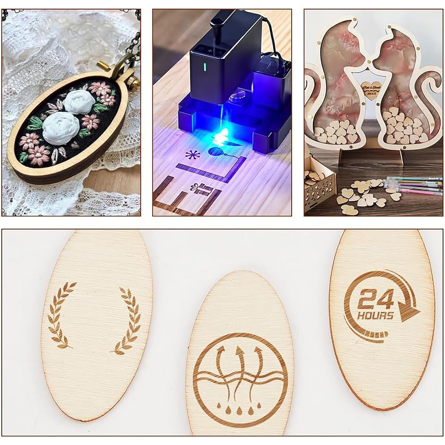Collage of a laser engraving machine, engraved items, and wooden boards with engraved designs.