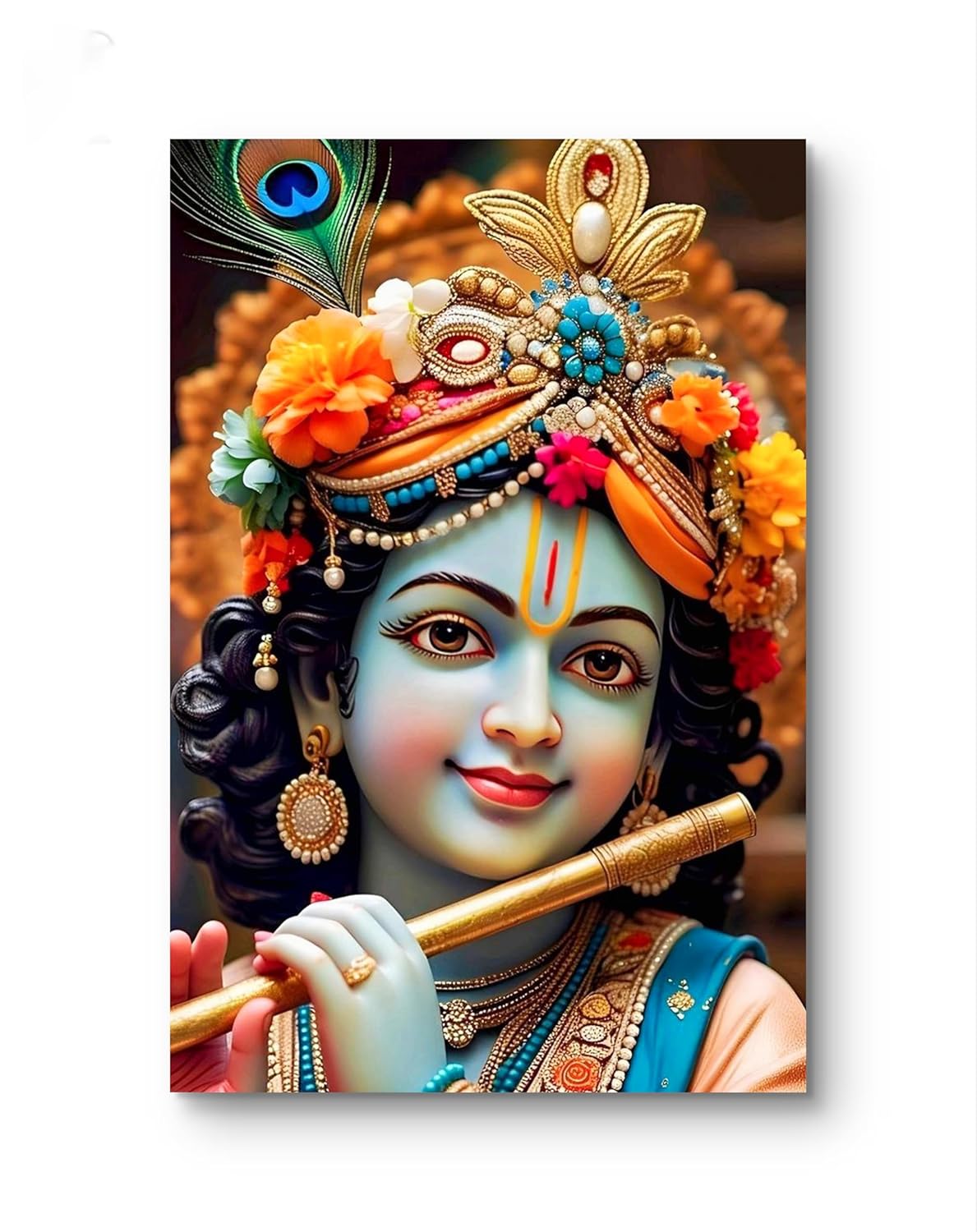 Colorful depiction of a deity with intricate headgear and a weapon, set against a white background.