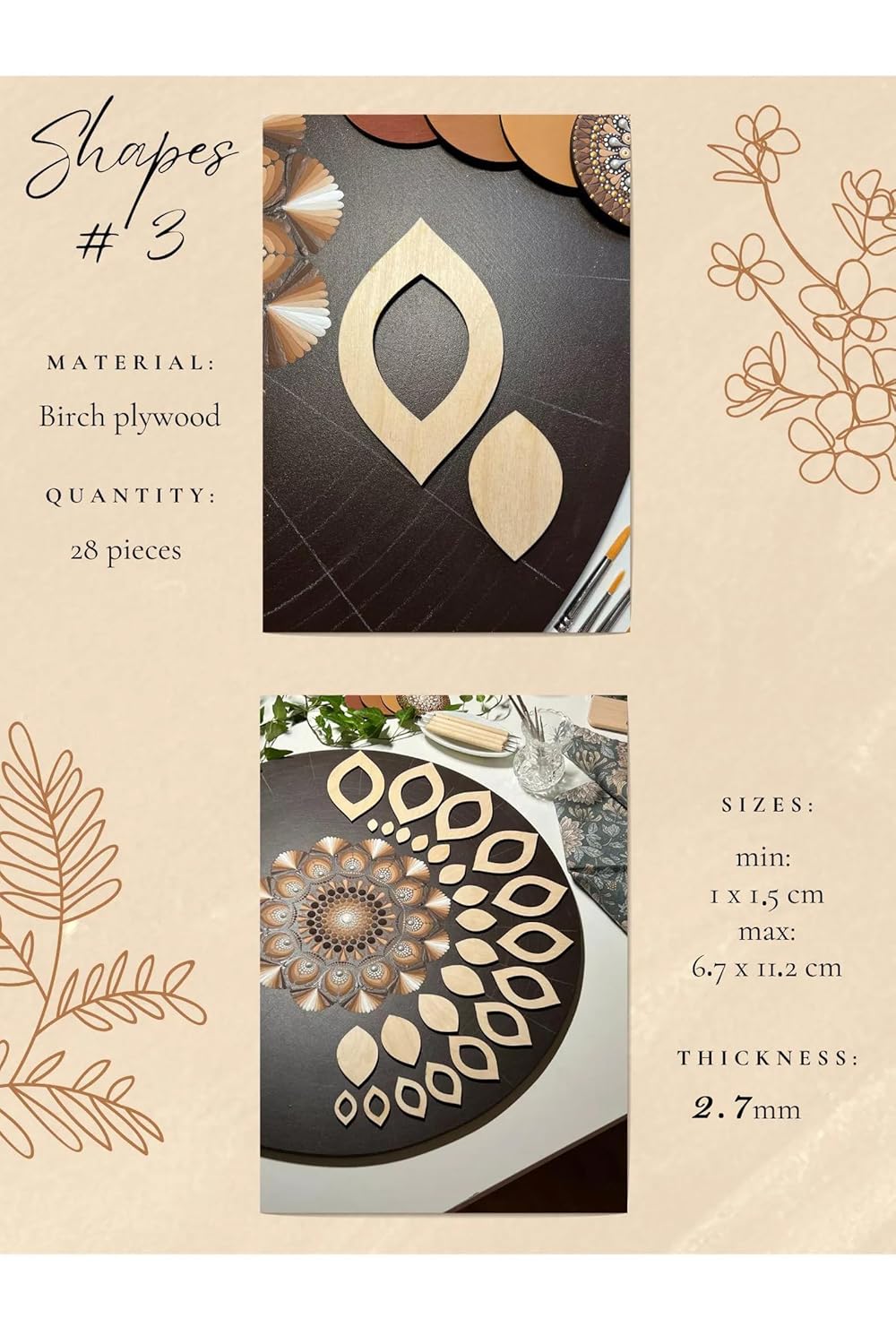 Birch plywood shapes with sizes, quantities, and material details on a beige background.