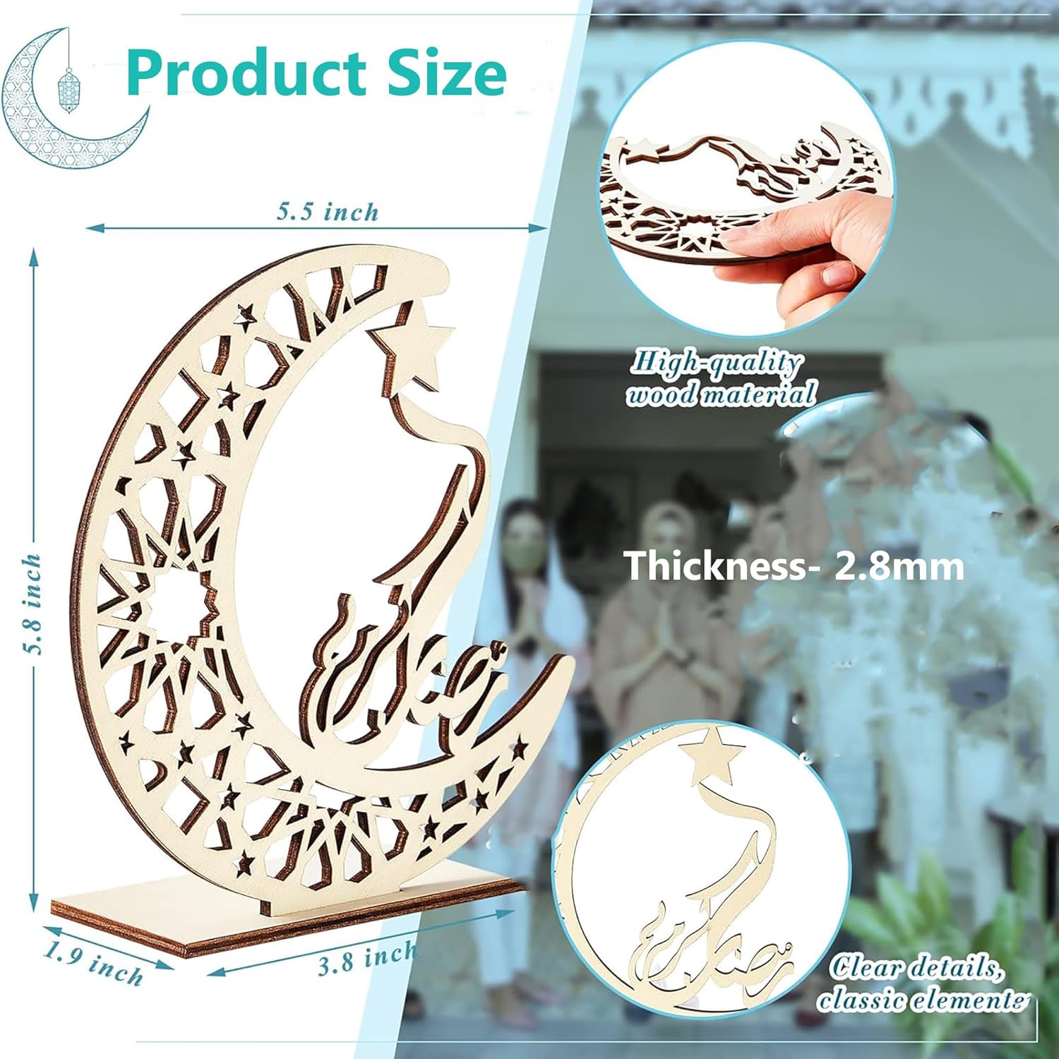 Wooden moon-shaped decorative item with measurements and material details.