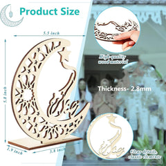 Wooden moon-shaped decorative item with measurements and material details.