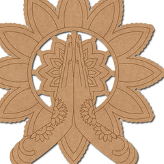 Brown paper cutout of praying hands with floral patterns on a white background