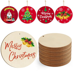 Set of Christmas-themed wooden ornaments with decorative designs on a white background.