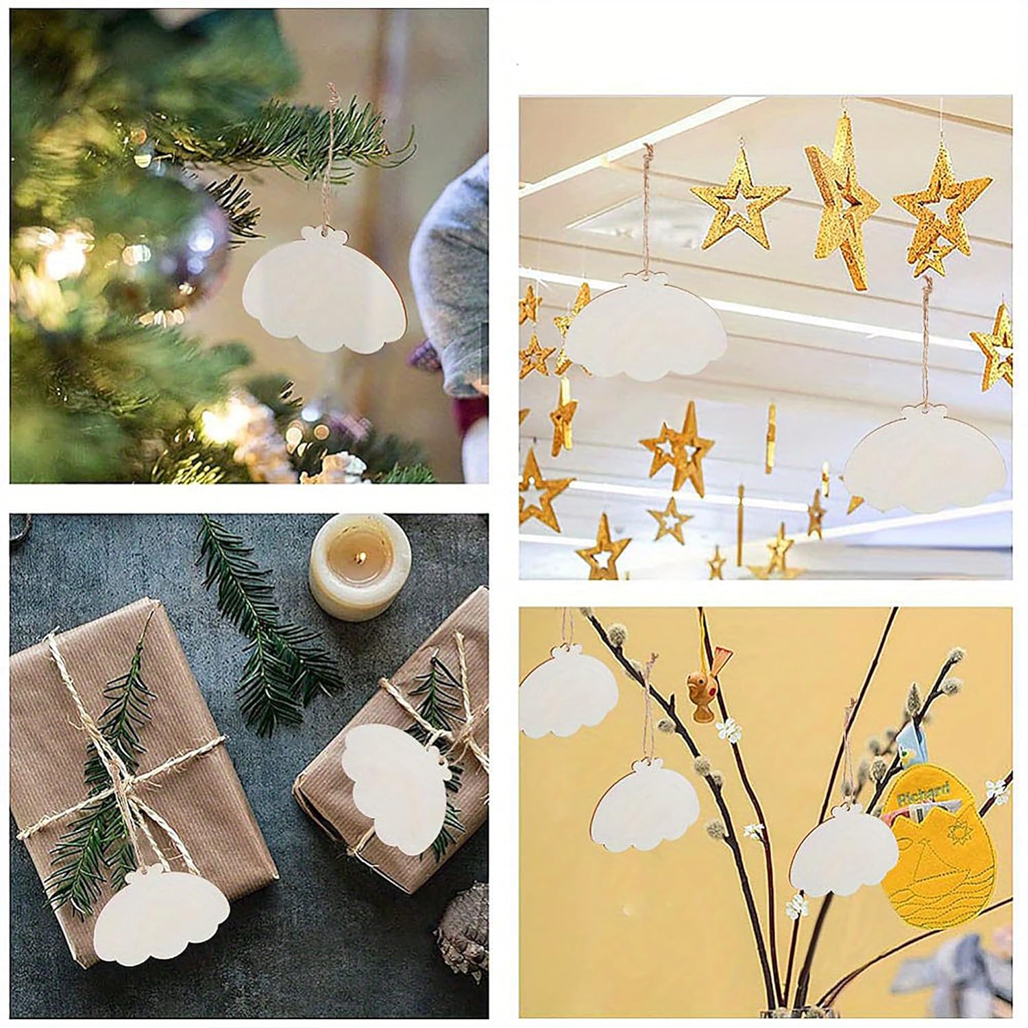 Collage of decorative items including cloud-shaped ornaments, star decorations, wrapped gifts, and a candle.