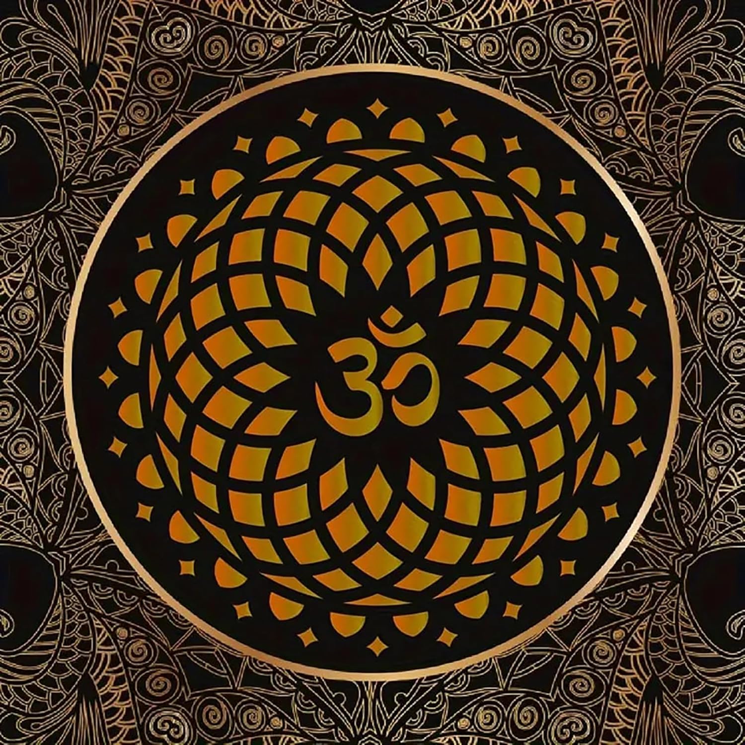 Decorative mandala with Om symbol in the center on a black background