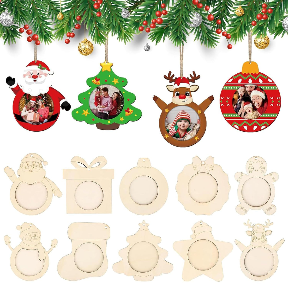 Set of Christmas-themed wooden photo frames with Santa, tree, reindeer, and snowman designs.