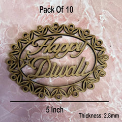 Decorative metal cutout with 'Happy Diwali' text on a pink marble background