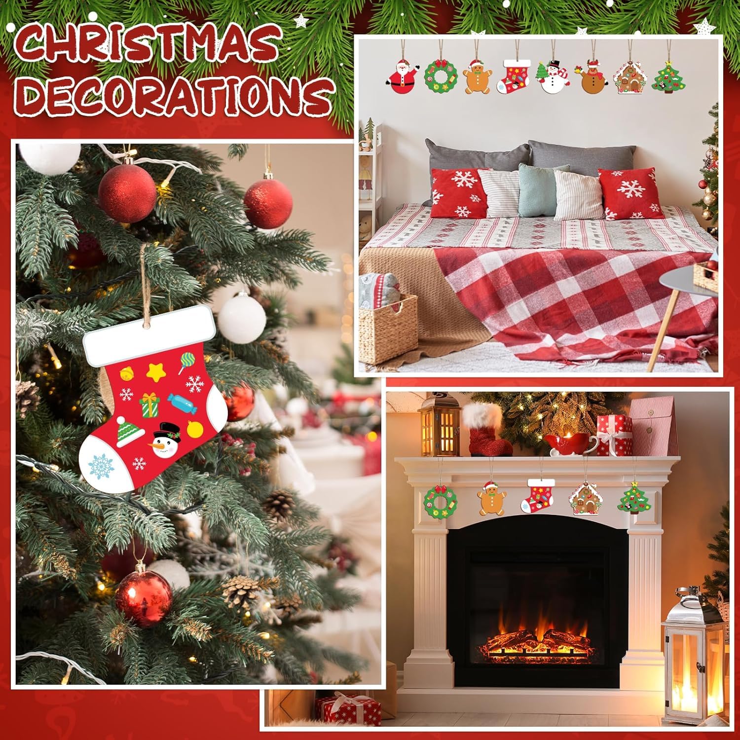 Collage of Christmas decorations including a tree, stockings, and a fireplace.