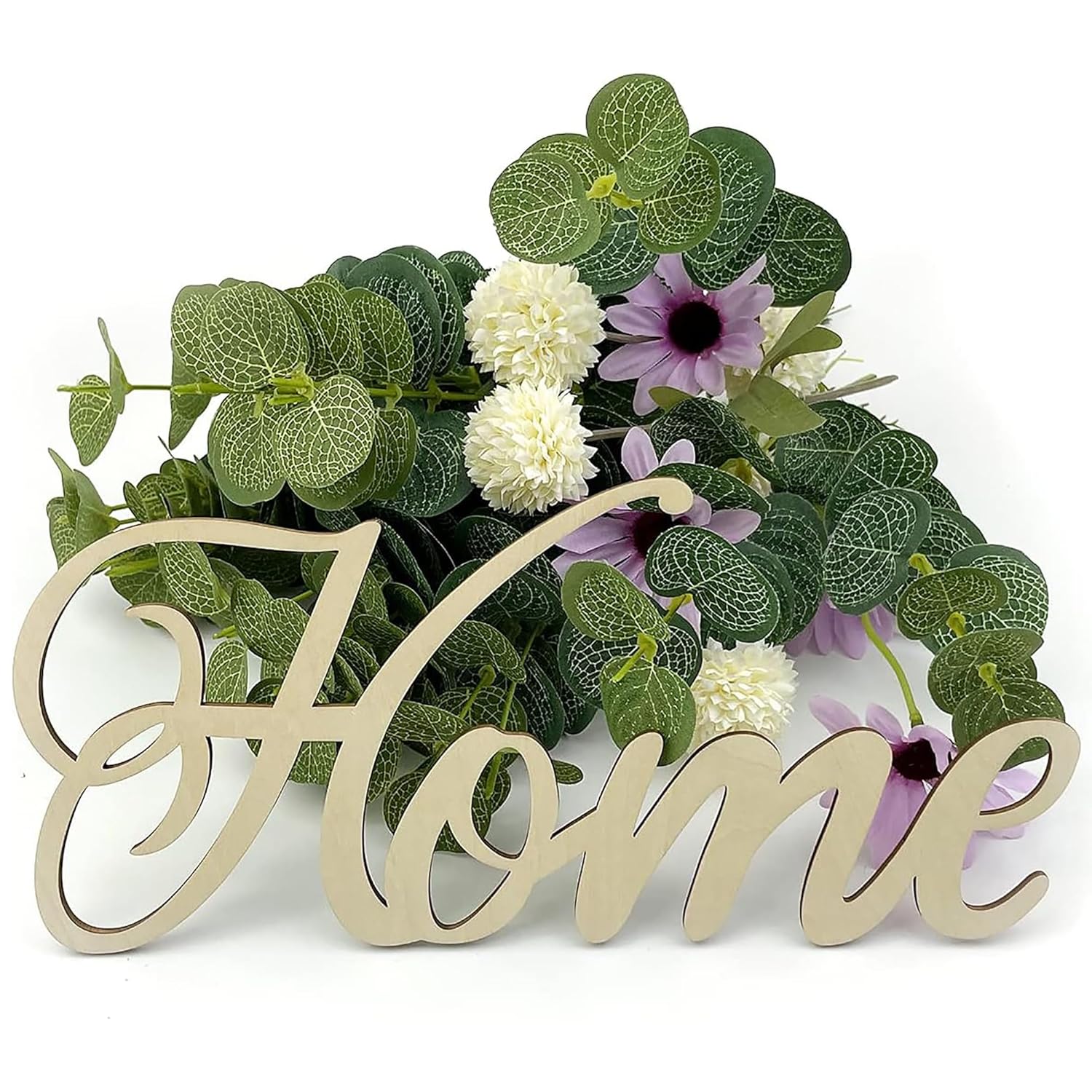 Decorative sign with 'Home' surrounded by greenery and flowers on a white background