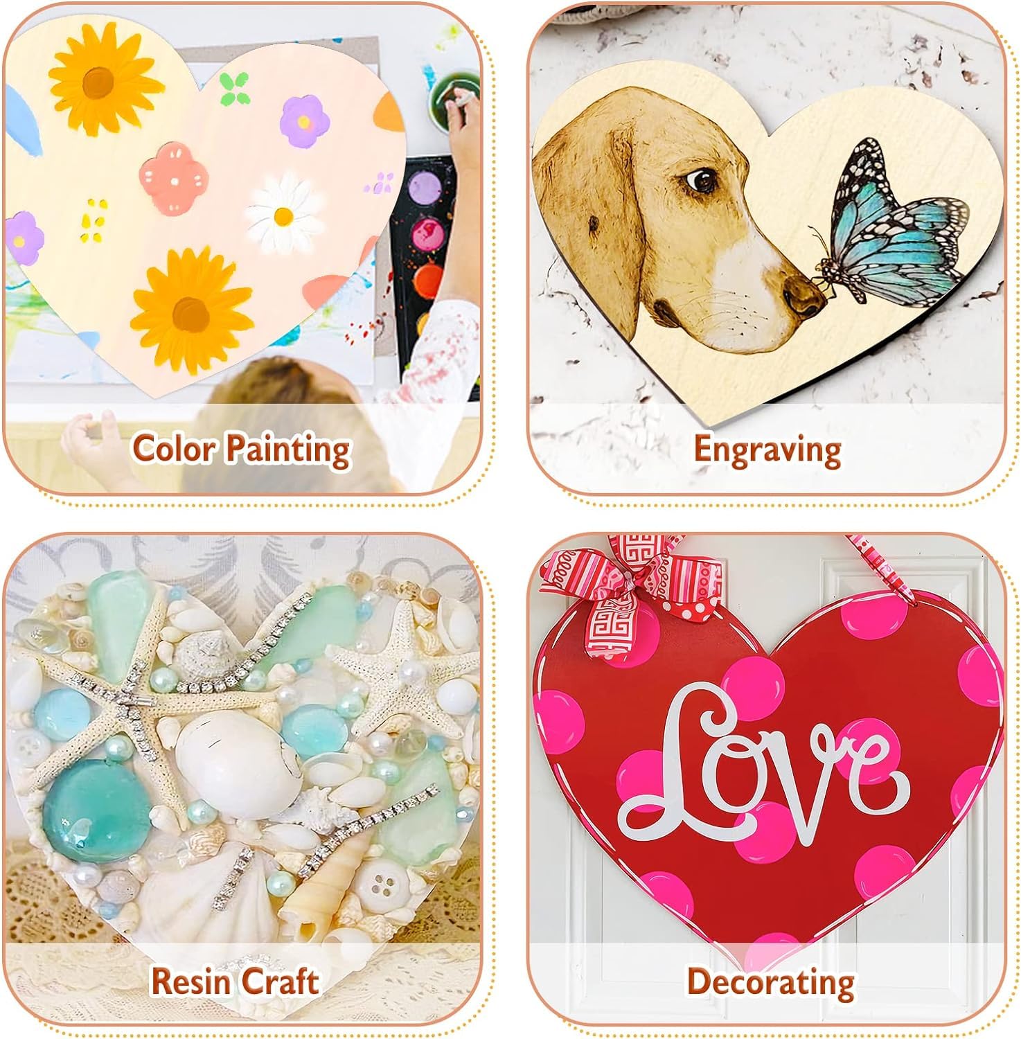 Four heart-shaped crafts with different techniques: color painting, engraving, resin craft, and decorating.