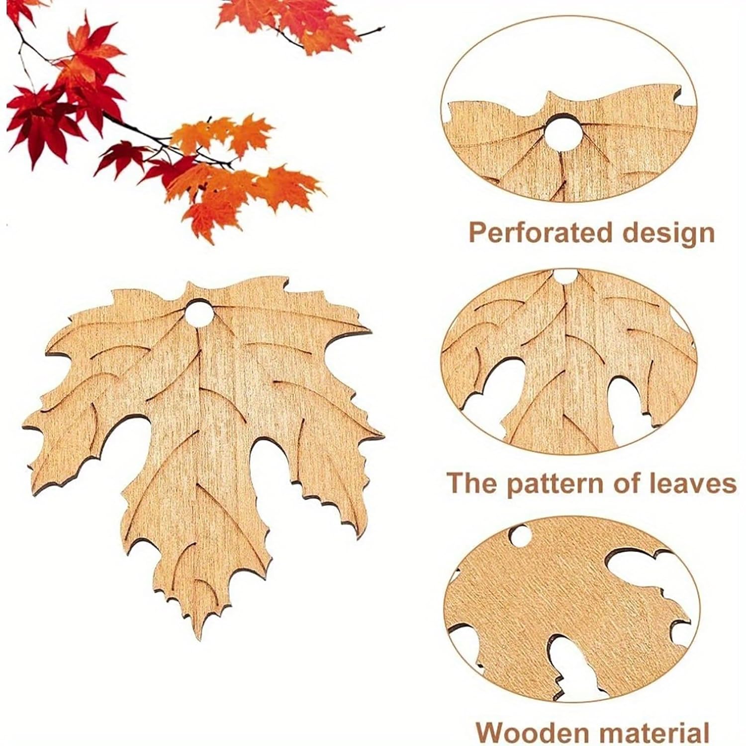 Wooden leaf-shaped cutouts with perforated design on a white background.