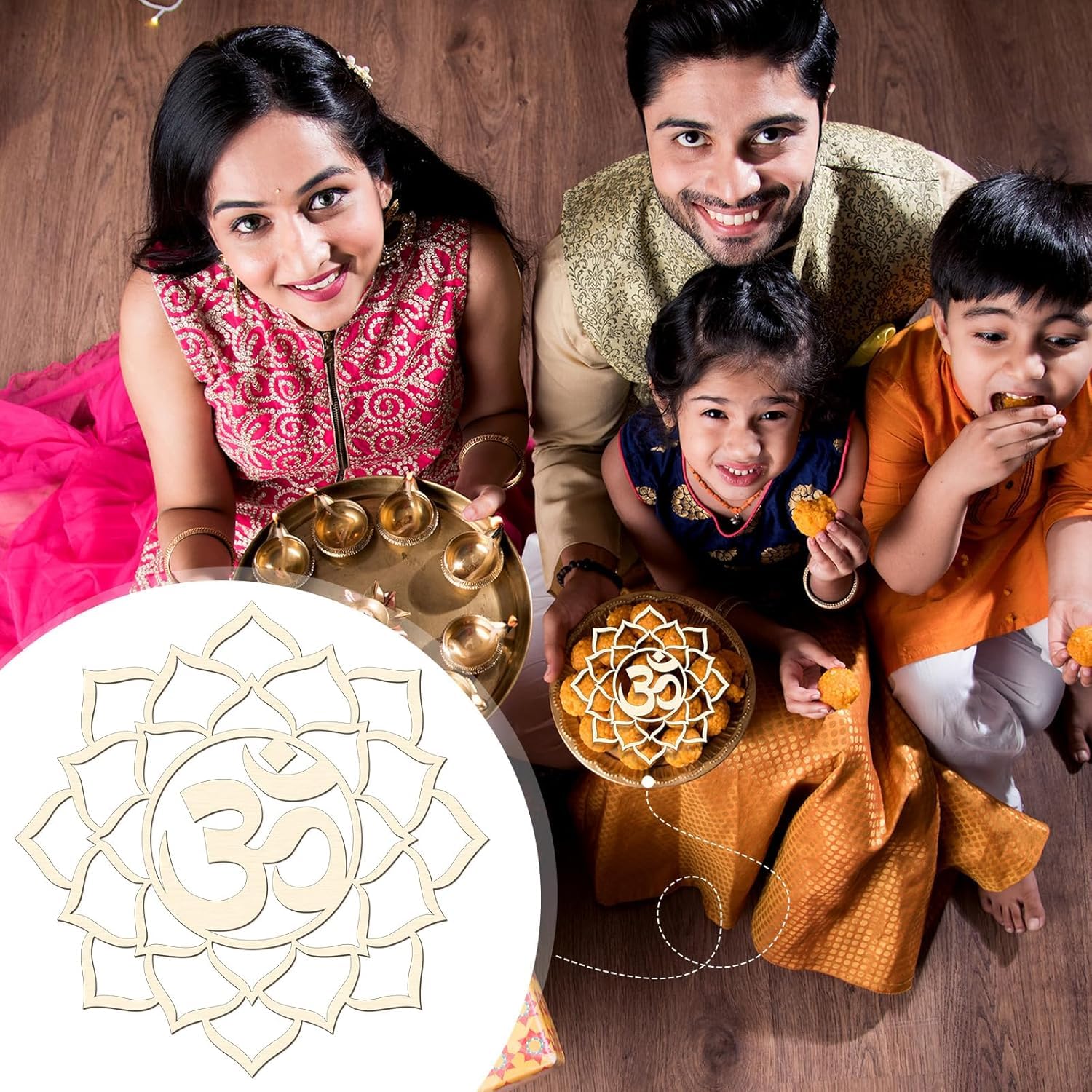 Family of four in traditional attire with a decorative 'Om' symbol overlay.