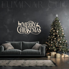 Living room with a Christmas tree and 'Merry Christmas' sign on a dark wall.