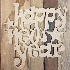 Wooden cutout with 'Happy New Year' text on a wooden background