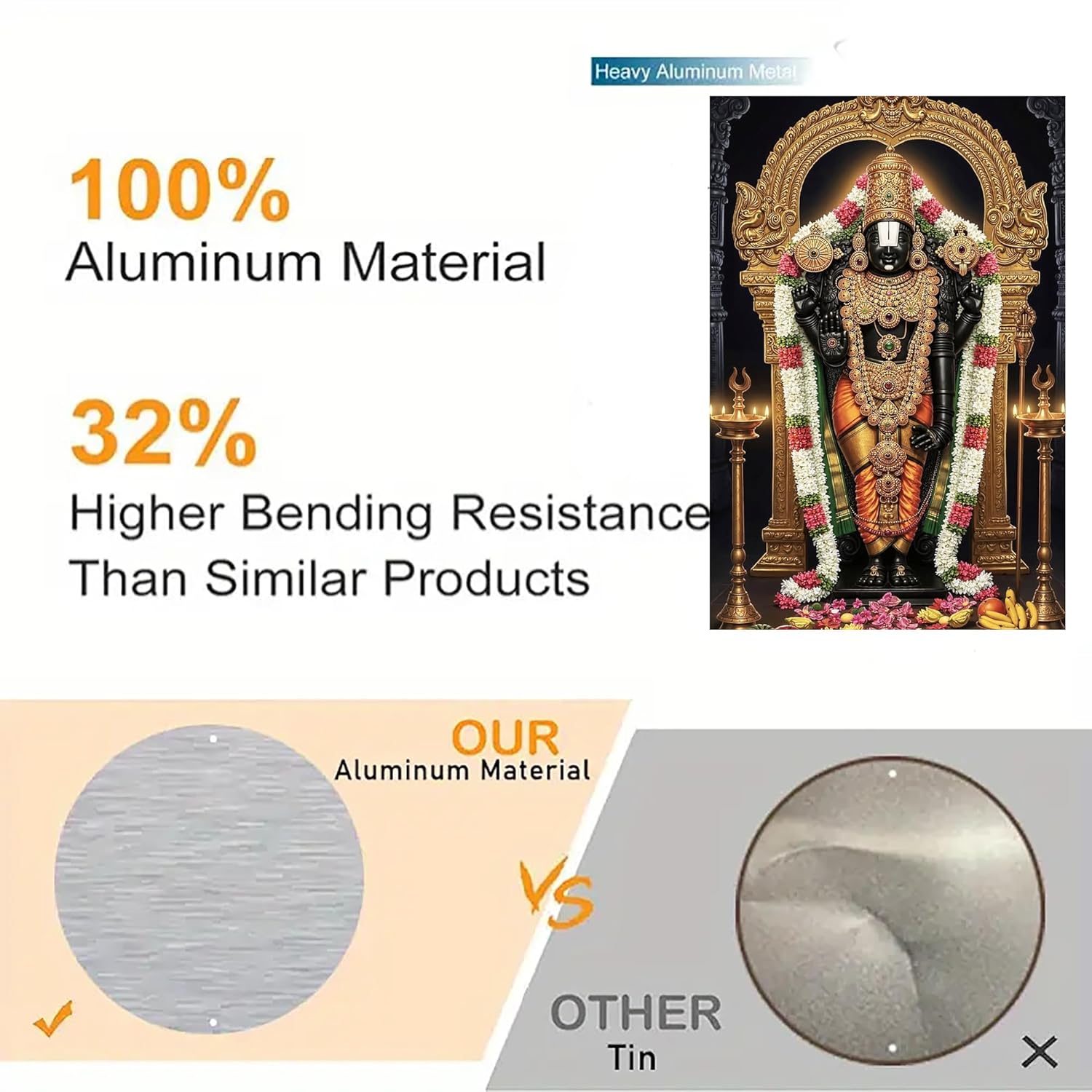 Advertisement comparing aluminum material to other products with a statue and metal samples.